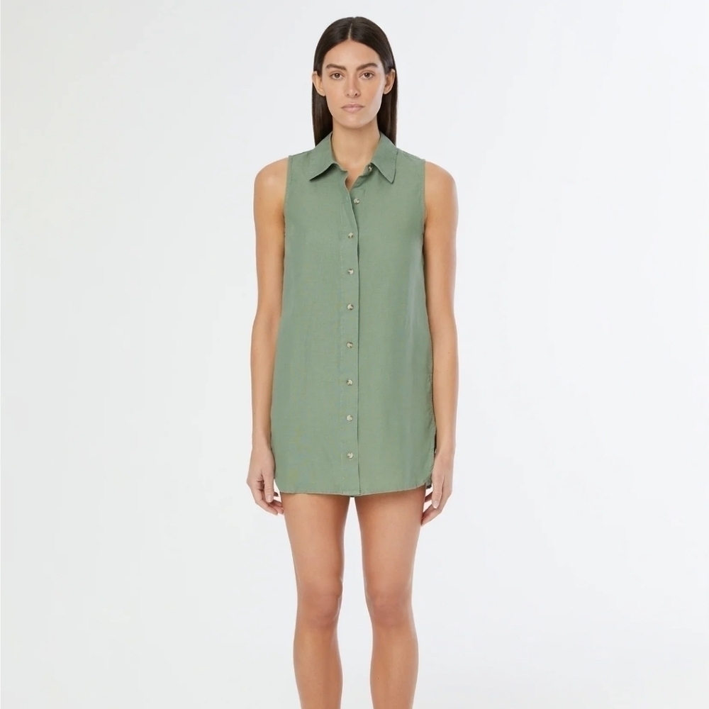 Onia Air Linen-Blend Sleeveless Shirt Dress in Sea Spray Women's Size Medium